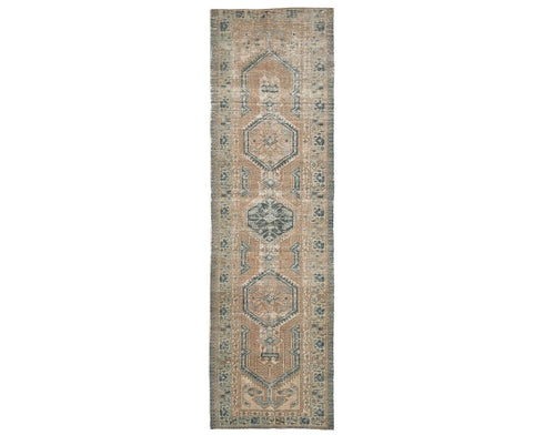 11 Ft Vintage Brown Persian Style Hand Knotted Distressed Low Pile Wool Runner Rug